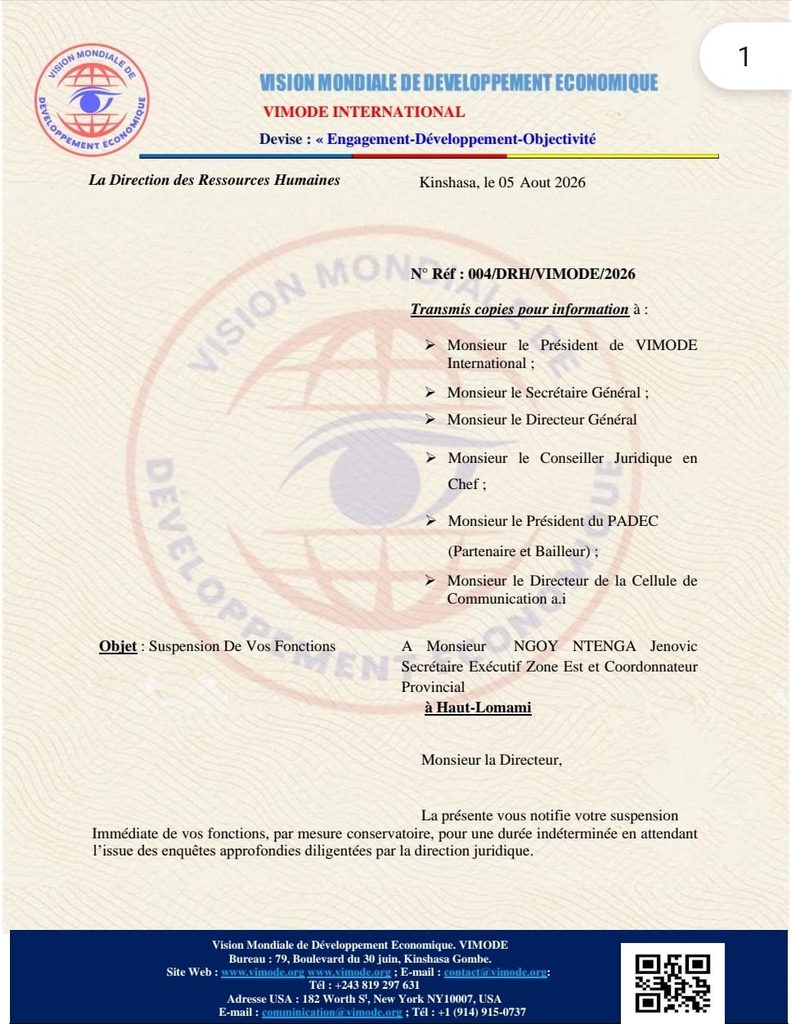 Suspension conservatoire de M. Fiston NGOY NTENGA Jenovic pour incompétence et manquements graves