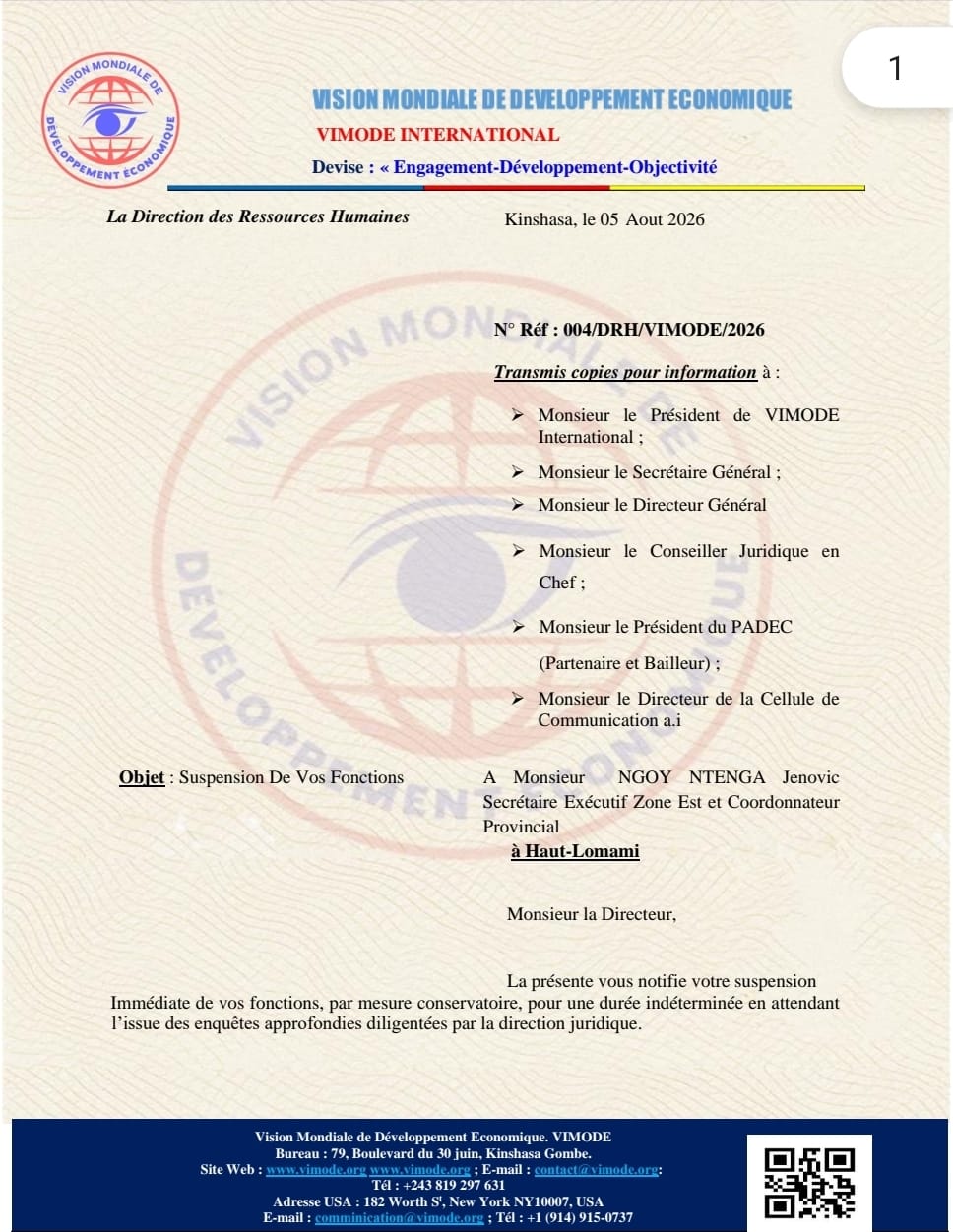 Suspension conservatoire de M. Fiston NGOY NTENGA Jenovic pour incompétence et manquements graves